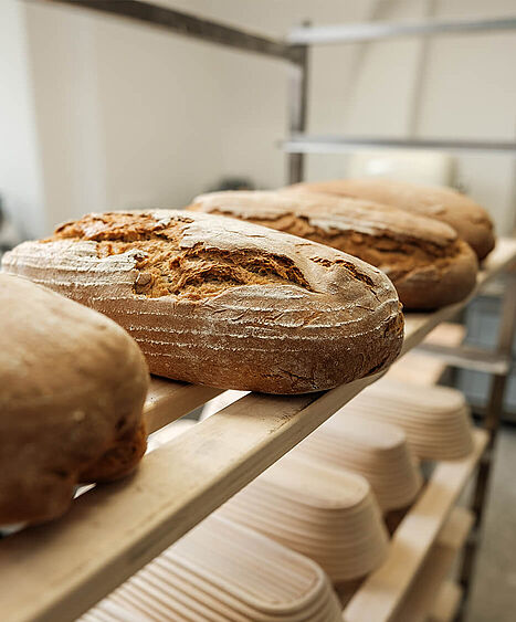 Eine Auswahl an frischem Brot auf einem Regal in der Bäckerei "Im Gwölb"