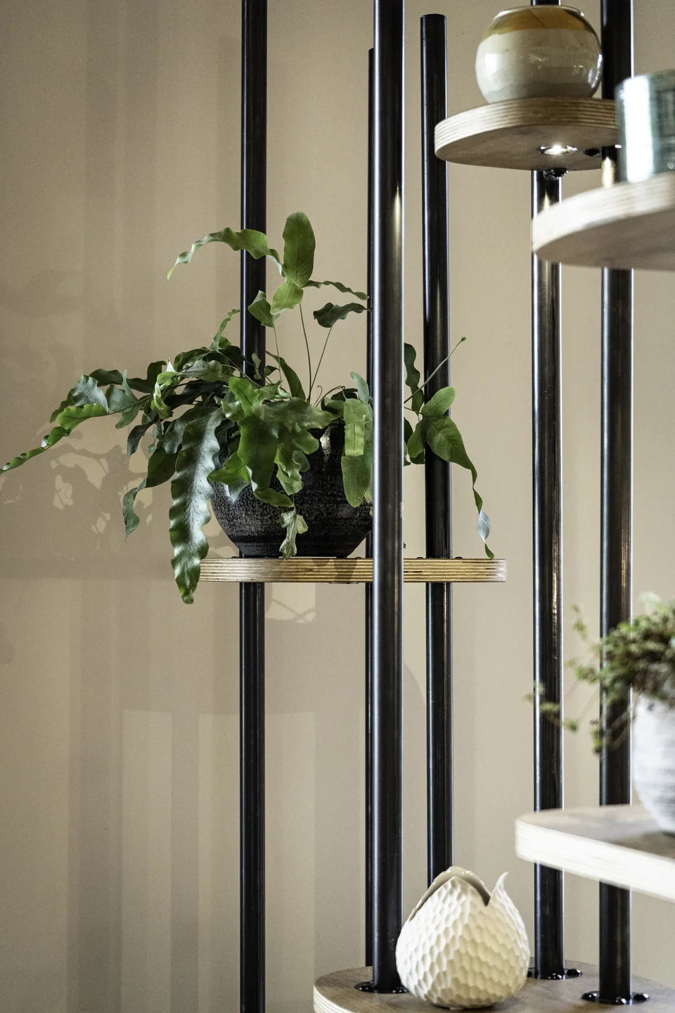 Detailaufnahme im Hotel Pirchnerhof Reith mit einem schwarzen Metallstäbe-Raumteiler mit Holzablagen, einer üppigen grünen Zimmerpflanze in schwarzer Keramikvase, einer Keramikschale und einem weißen Dekorationsobjekt.