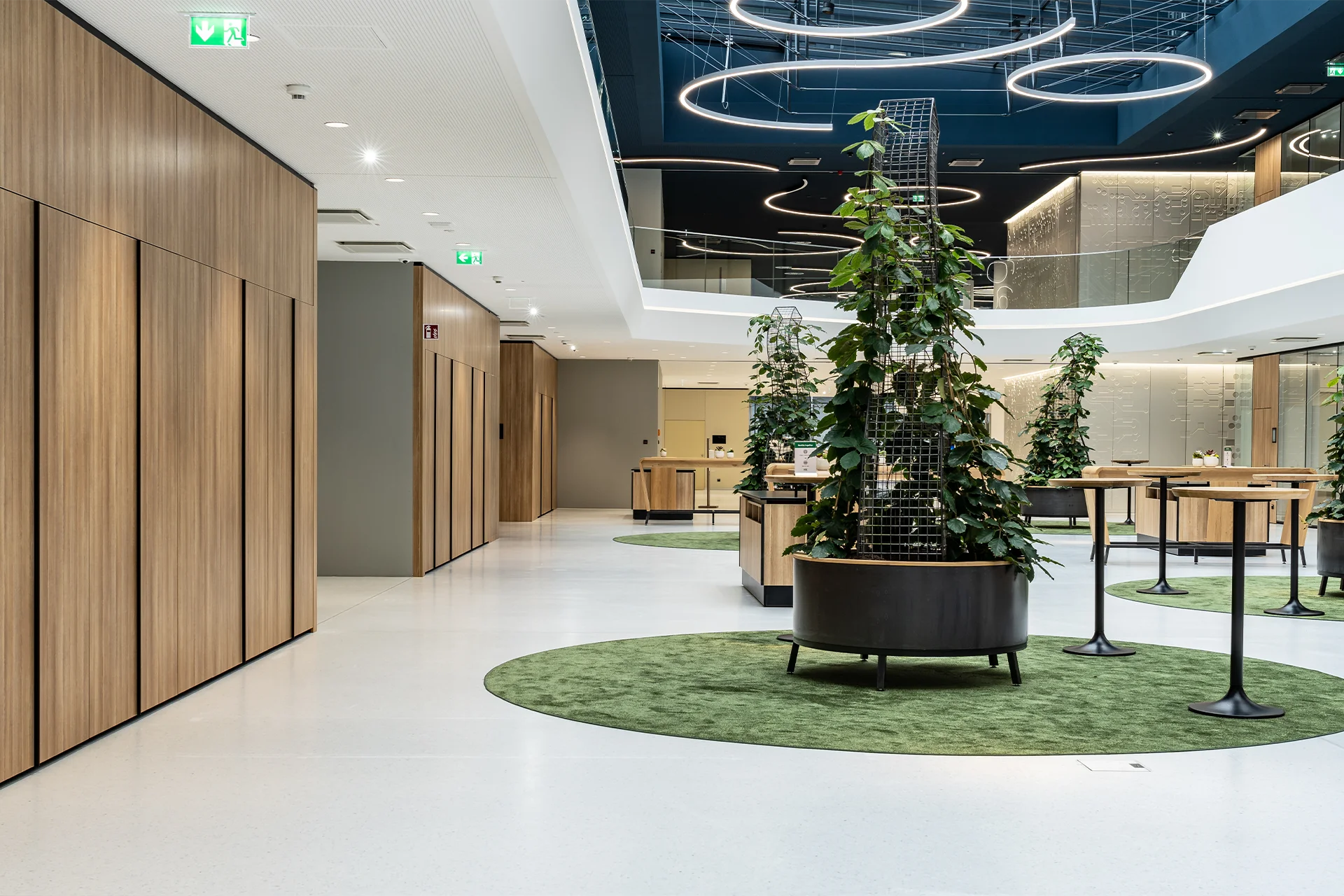 Erdgeschossiger Empfangsbereich mit raumhohen Holzschiebetüren, einer begrünten Pflanzinsel auf rundem Teppich und dem blauen Atrium mit Ring-Leuchten im Hintergrund.