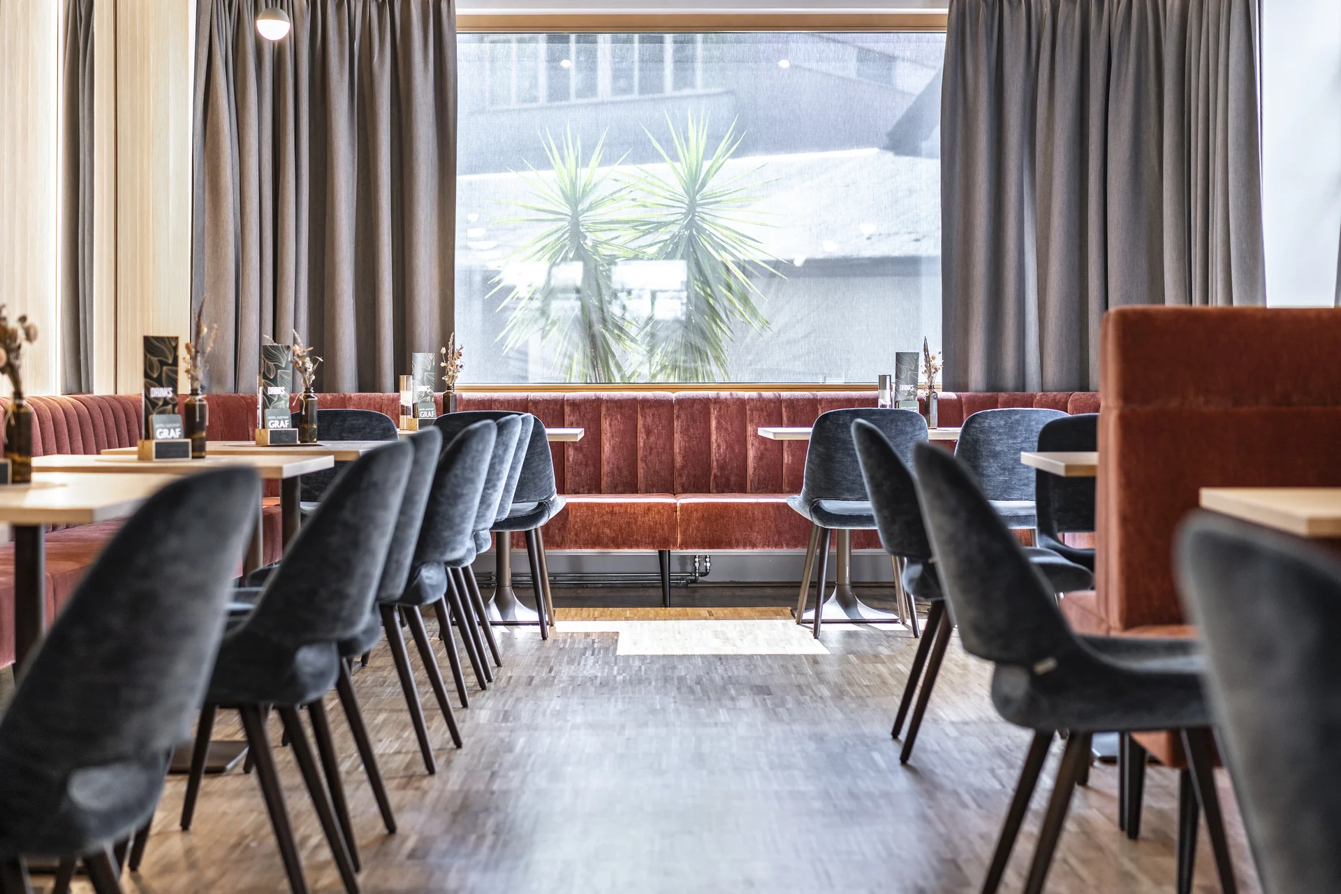 Restaurantbereich im Hotel-Gasthof Graf St. Pölten mit Reihen blauer Samtstühle, durchgehender terrakottafarbener Polsterbank, hellen Holztischen mit Getränkekarten und Blick durch ein großes Panoramafenster auf eine Palme im Innenhof.