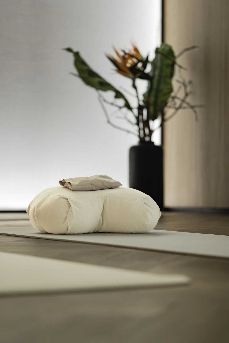 Meditationsbolster und Kissen auf einer Yogamatte im Breath-in Room der Biogena Plaza Wien, im Hintergrund eine Strelitzie in weichem Licht.